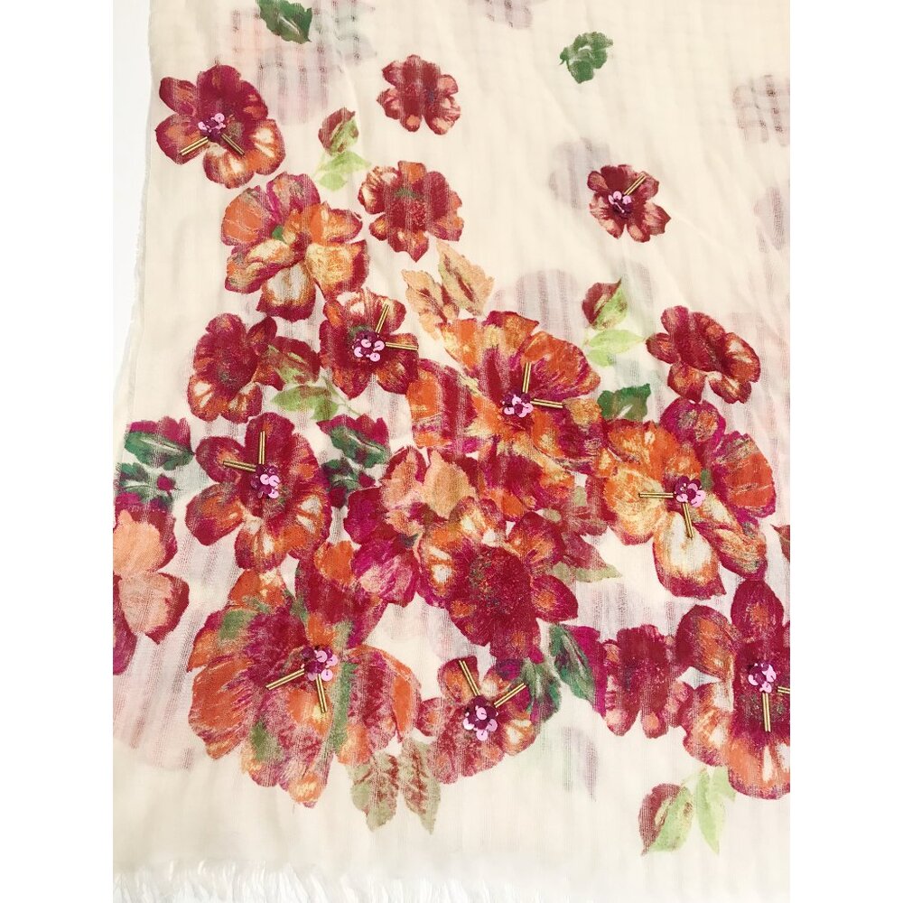 Anthropologie Scarf Womens Red Orange Floral Wool Sheer Fringe Sequins 31 X 72 - Picture 5 of 12